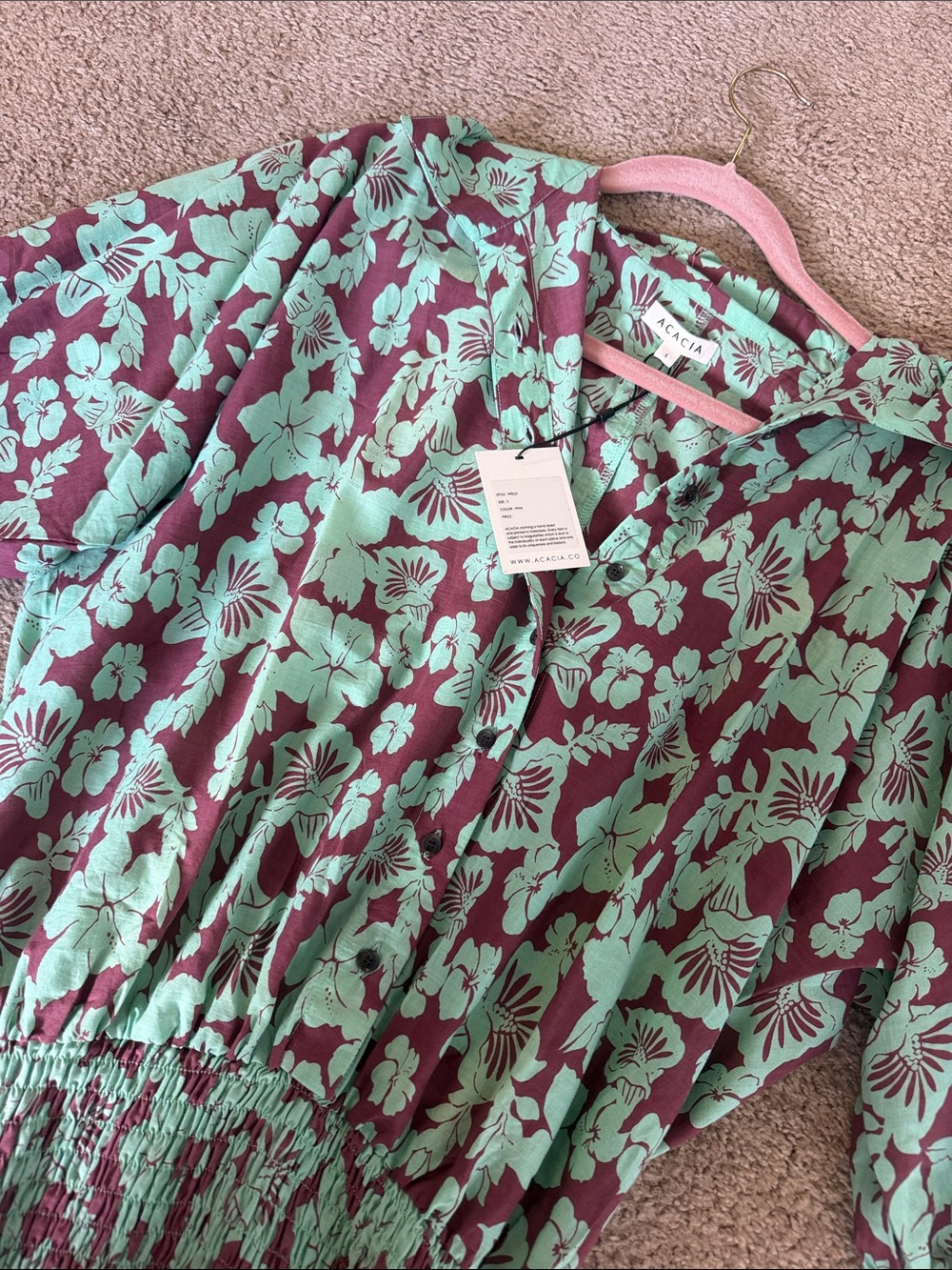 acacia swimwear mint and burgundy floral button-front dress smocked - SIZE SMALL